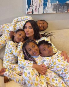Kim Kardashian with her children in matching Easter pajamas.