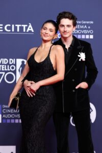 Kylie Jenner and Timothée Chalamet at an awards photocall.