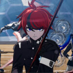 Screenshot from Last Defense Academy featuring a group shot of the main characters including a close up of Takumi Sumino wielding a red sword.