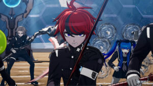 Screenshot from Last Defense Academy featuring a group shot of the main characters including a close up of Takumi Sumino wielding a red sword.