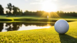 White-Golf-Ball-On-Green-Golf-Course-At-Sunset