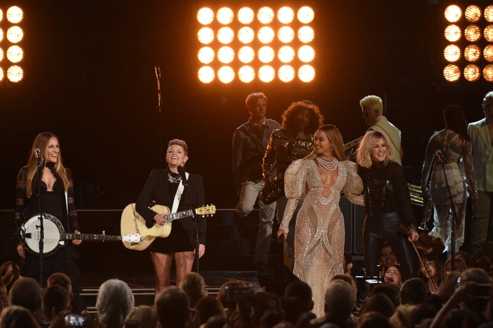 Beyoncé and The Chicks photographed performing at the 50th annual CMA Awards on Nov. 2, 2016, in Nashville, Tennessee.