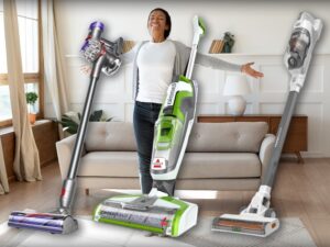 Happy Woman Surrounded By Vacuums Available On Amazon