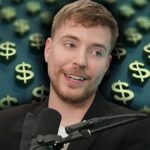 A photo of MrBeast against a background of dollar signs.