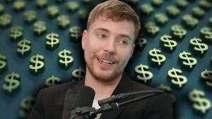 A photo of MrBeast against a background of dollar signs.