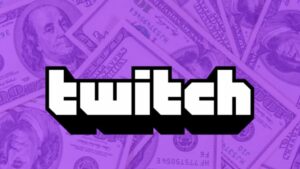 The Twitch logo on a background of 100 dollar bills.