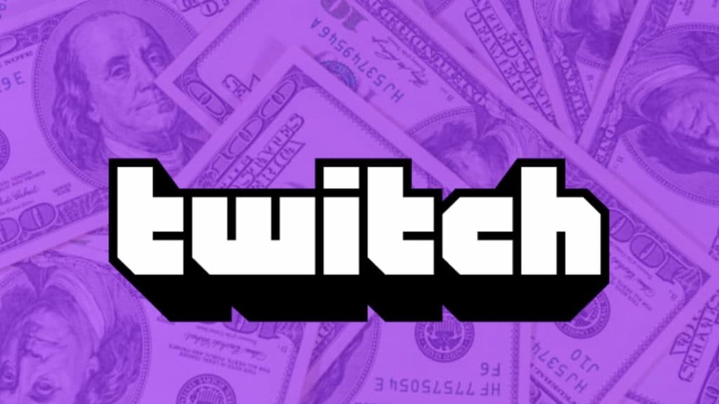 The Twitch logo on a background of 100 dollar bills.