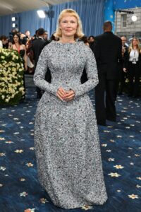 Anderson's structured gown is a departure from her usual style.