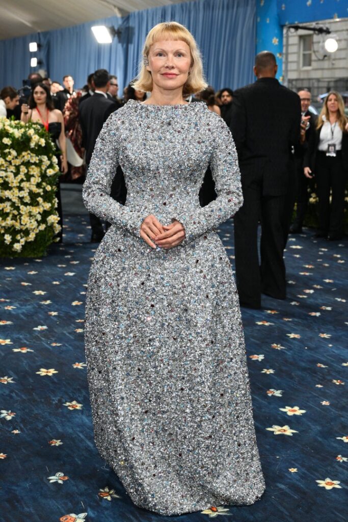 Anderson's structured gown is a departure from her usual style.