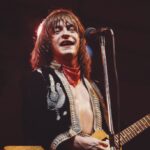 American guitarist Rick Derringer performing on stage in UK, 1976.