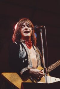 American guitarist Rick Derringer performing on stage in UK, 1976.