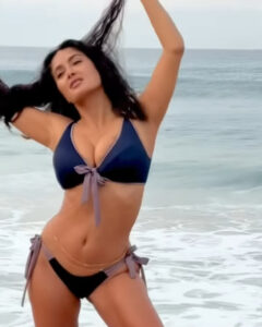 Salma Hayek in a dark blue and gray bikini on a beach.