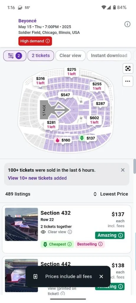 StubHub mobile now includes all-in pricing