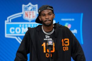 Shedeur Sanders at an NFL press conference.