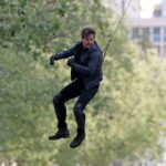 Tom Cruise performs a stunt on set for 'Mission: Impossible 6 Gemini' filming on April 10, 2017, in Paris, France