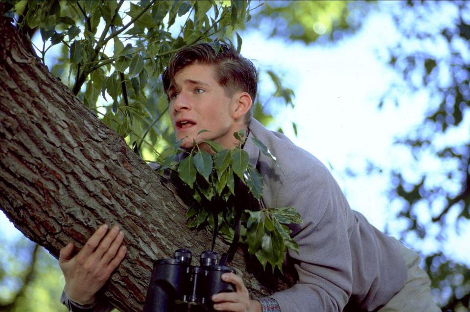 Crispin Glover in Back to the Future, holding binoculars while in a tree.