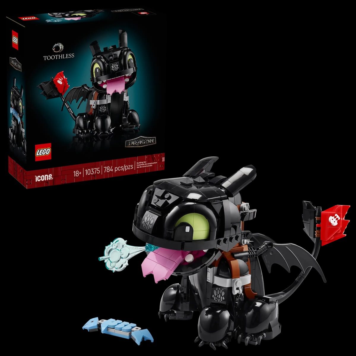 A LEGO Toothless set on display next to its packaging
