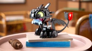 A LEGO Toothless set on display on a table
