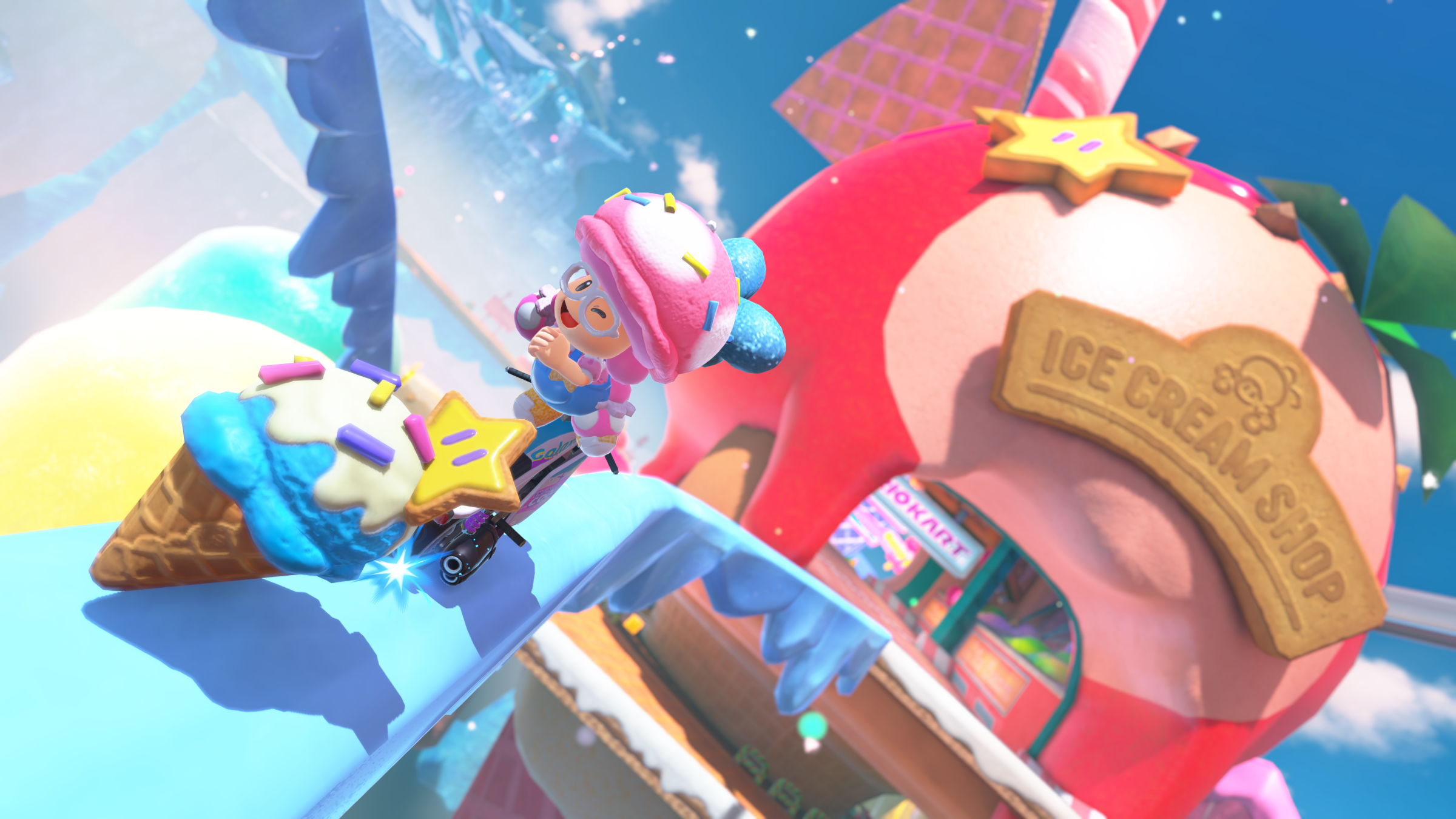 A screenshot from the video game Mario Kart World.