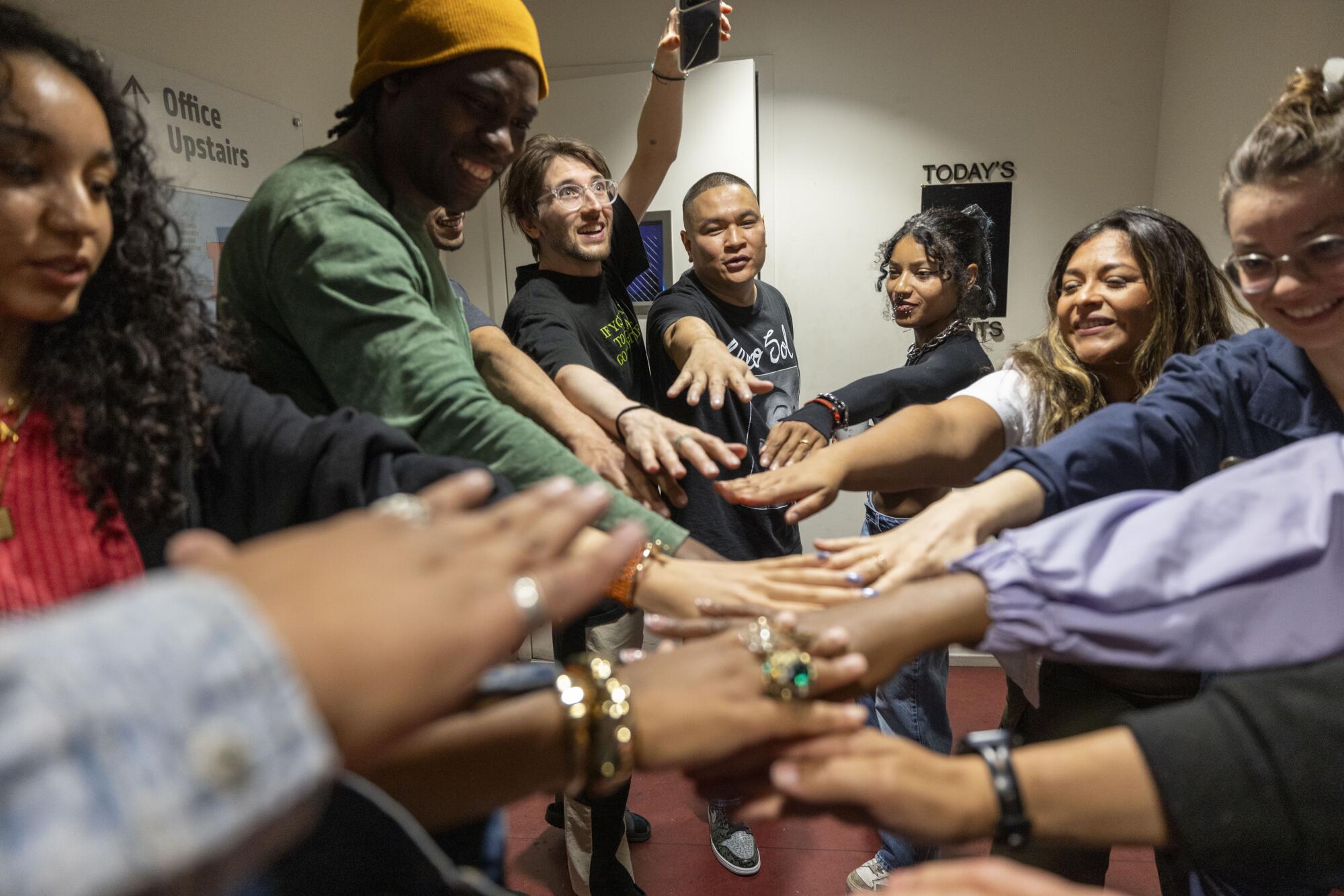 The team meeting led by Yesi Ortiz gathers before the start of the Rehearsal in Los Angeles