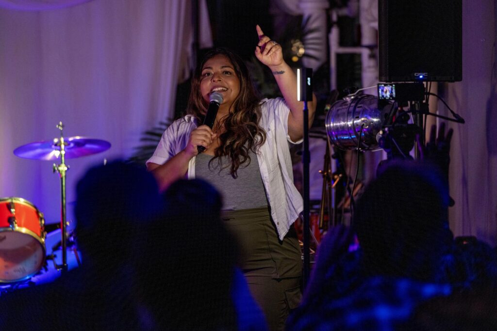 Yesi Ortiz hosts the Rehearsal, live-streamed from a community room at Mercado La Paloma in Los Angeles
