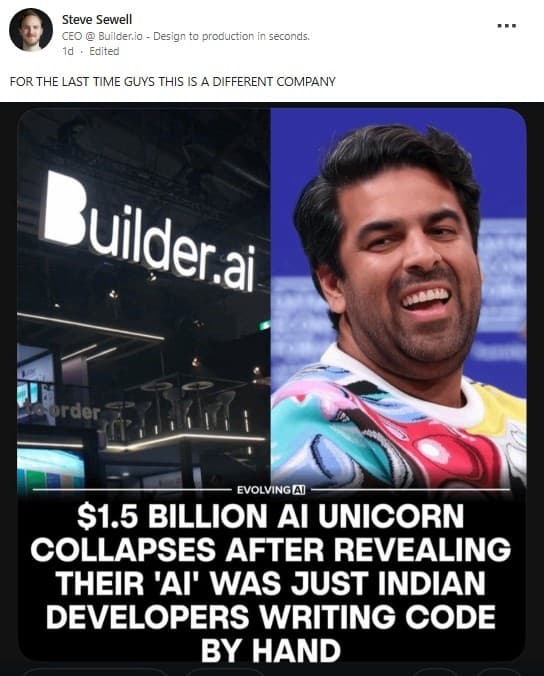 Steve Sewell jokes about the Builder.ai scandal on LinkedIn.