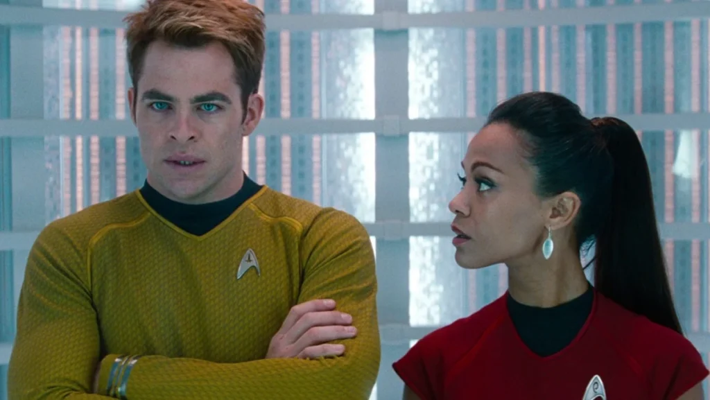 Chris Pine as Captain Kirk and Zoe Saldana in Star Trek: Into Darkness