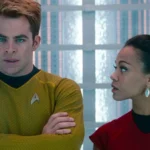 Chris Pine as Captain Kirk and Zoe Saldana in Star Trek: Into Darkness
