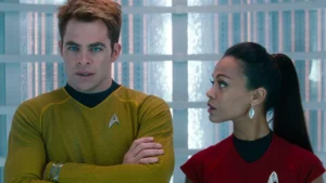 Chris Pine as Captain Kirk and Zoe Saldana in Star Trek: Into Darkness