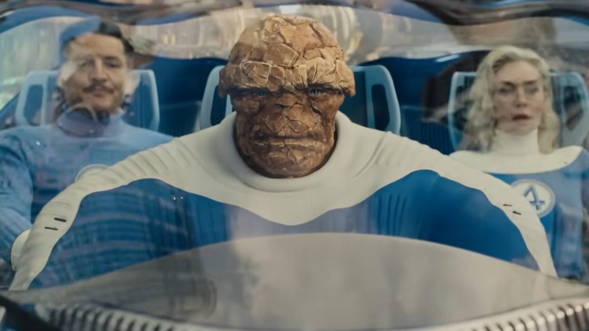 The Thing driving Reed and Sue in the Fantasti-Car in The Fantastic Four: First Steps