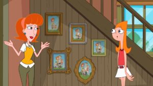 An animated image of a woman and a teenage girl with red hair standing near a stairwell.