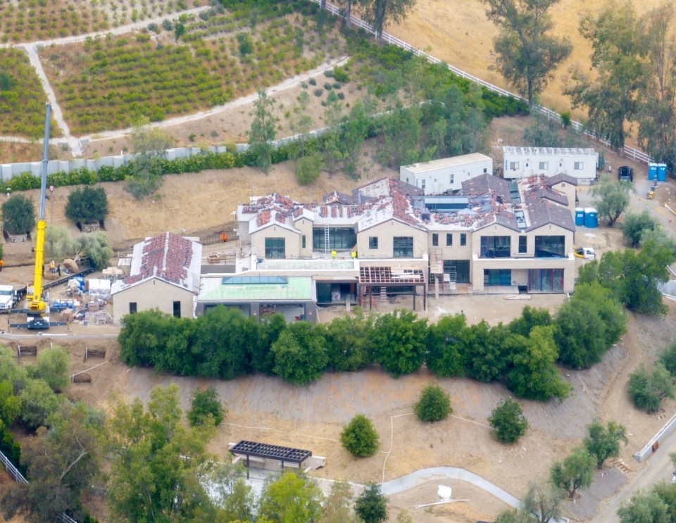 Aerial view of Kylie Jenner's unfinished Hidden Hills mansion under construction.