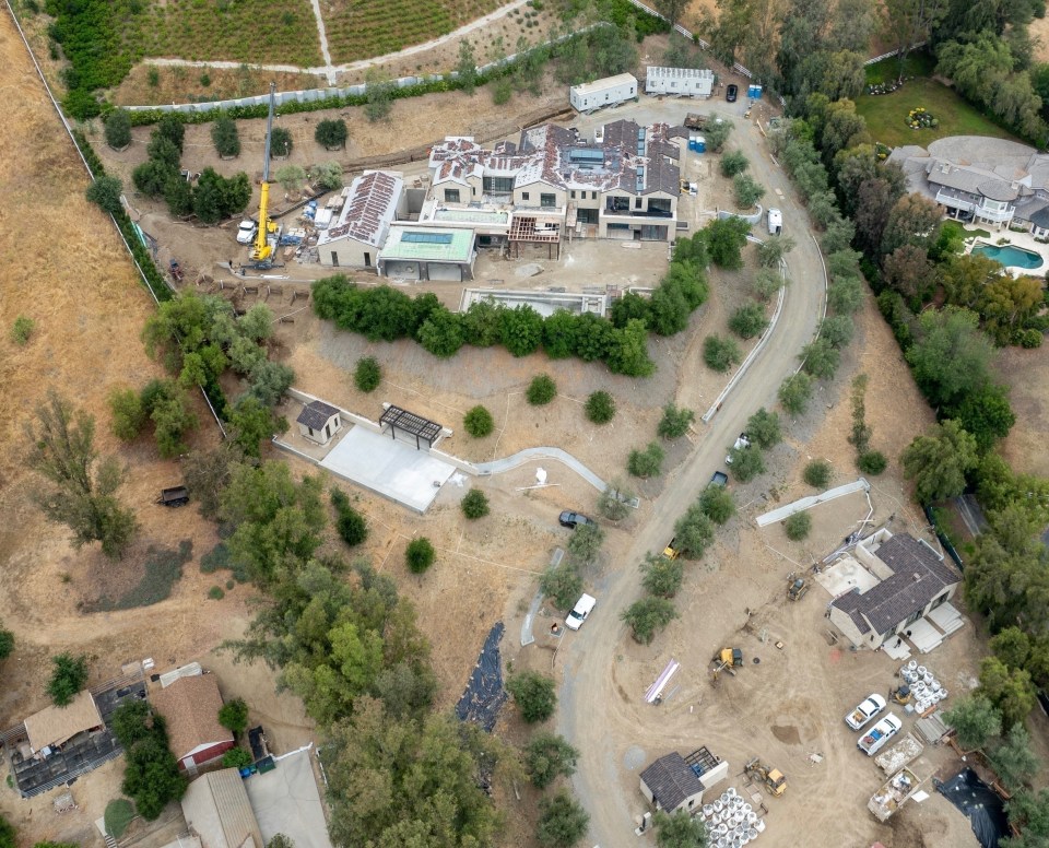 Aerial view of Kylie Jenner's unfinished Hidden Hills mansion under construction.