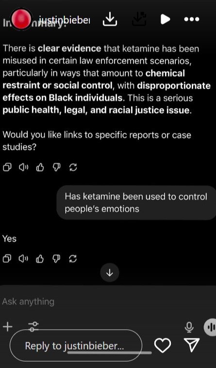 Screenshot of Justin Bieber's Instagram Q&A about ketamine misuse in law enforcement.