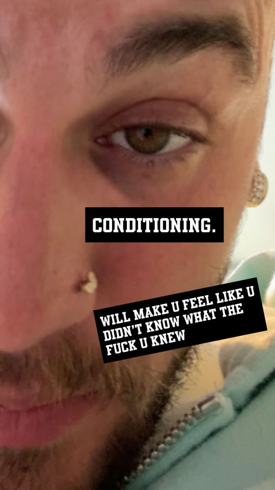 Close-up selfie of Justin Bieber with text overlay referencing conditioning and a feeling of newfound knowledge.