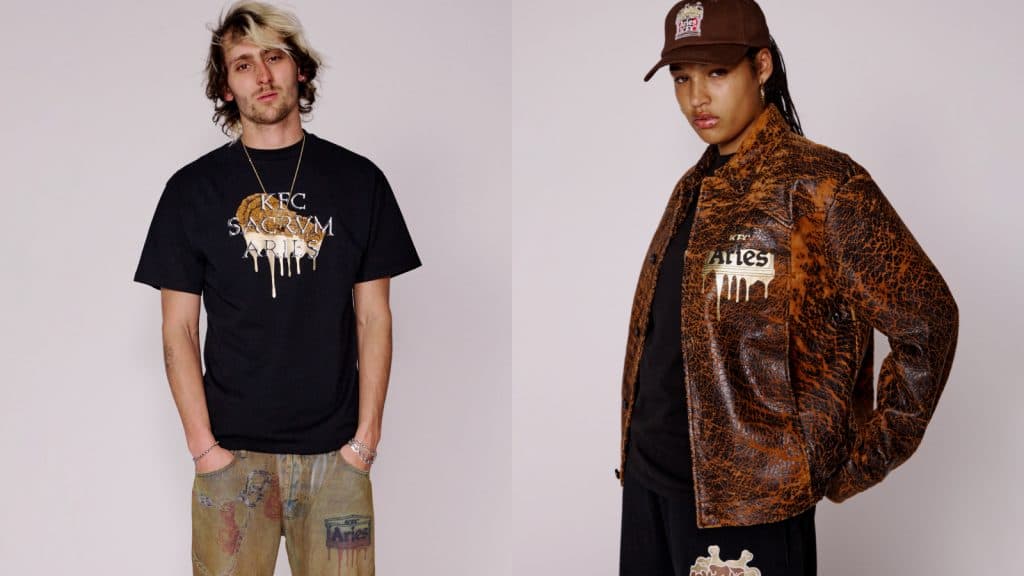 models wearing kfc's aries collab items