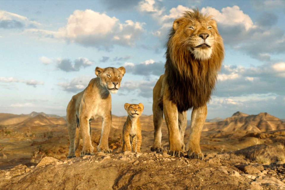 Mufasa, Sarabi, and young Simba from Disney's "Mufasa: The Lion King."