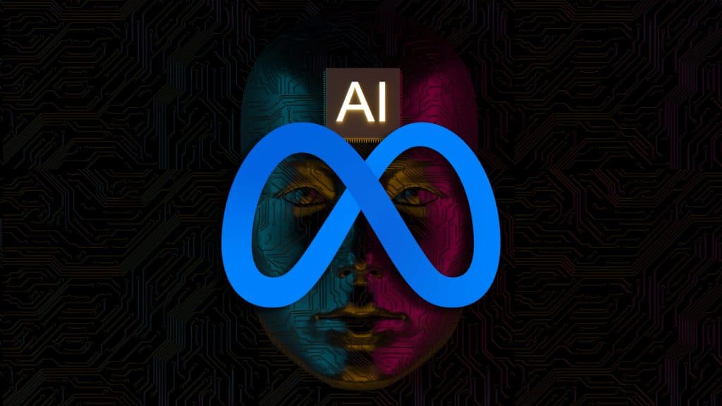 Image with a computer-generated face, META logo and AI written on a computer chip