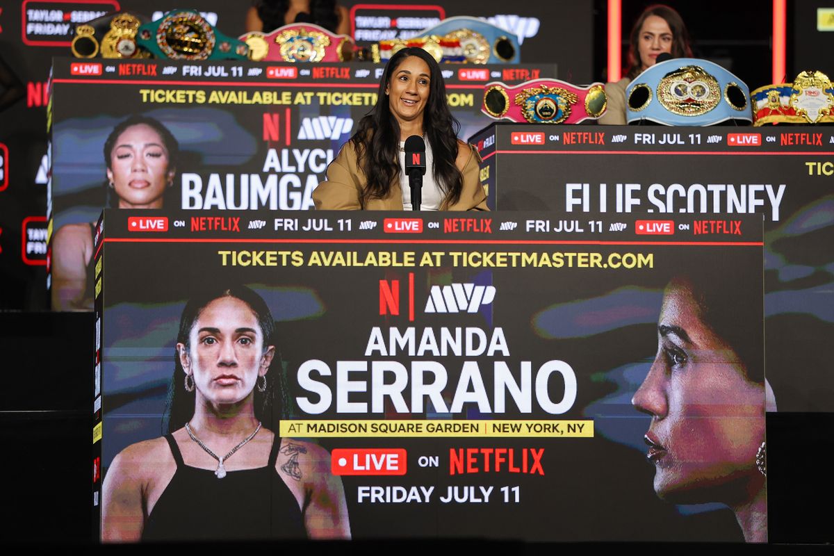 Amanda Serrano speaks during the Katie Taylor vs. Amanda Serrano Press Conference at The Theater at Madison Square Garden on April 09, 2025 in New York City. (Photo by Sarah Stier/Getty Images for Netflix)