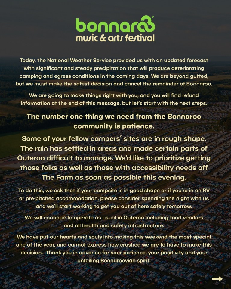 Bonnaroo cancellation announcement due to weather.