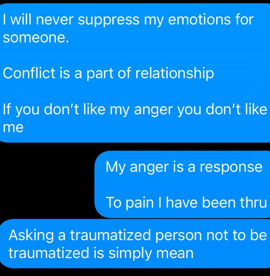 Text messages about anger and trauma.