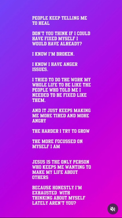Text post about the difficulty of healing and self-focus.