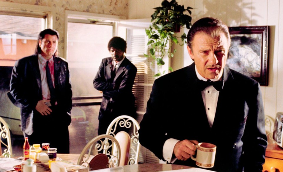 Scene from Pulp Fiction showing John Travolta, Samuel L. Jackson, and Harvey Keitel.