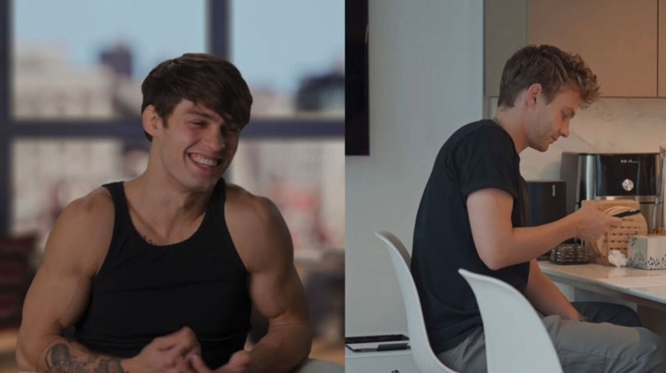 Two shots of Charlie Zukkor; one smiling, one sitting at a kitchen counter.