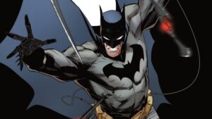 Batman in action in a panel from DC Comics.