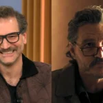 A split image of a Pedro Pascal lookalike and him both in glasses