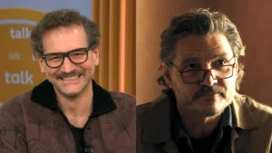 A split image of a Pedro Pascal lookalike and him both in glasses