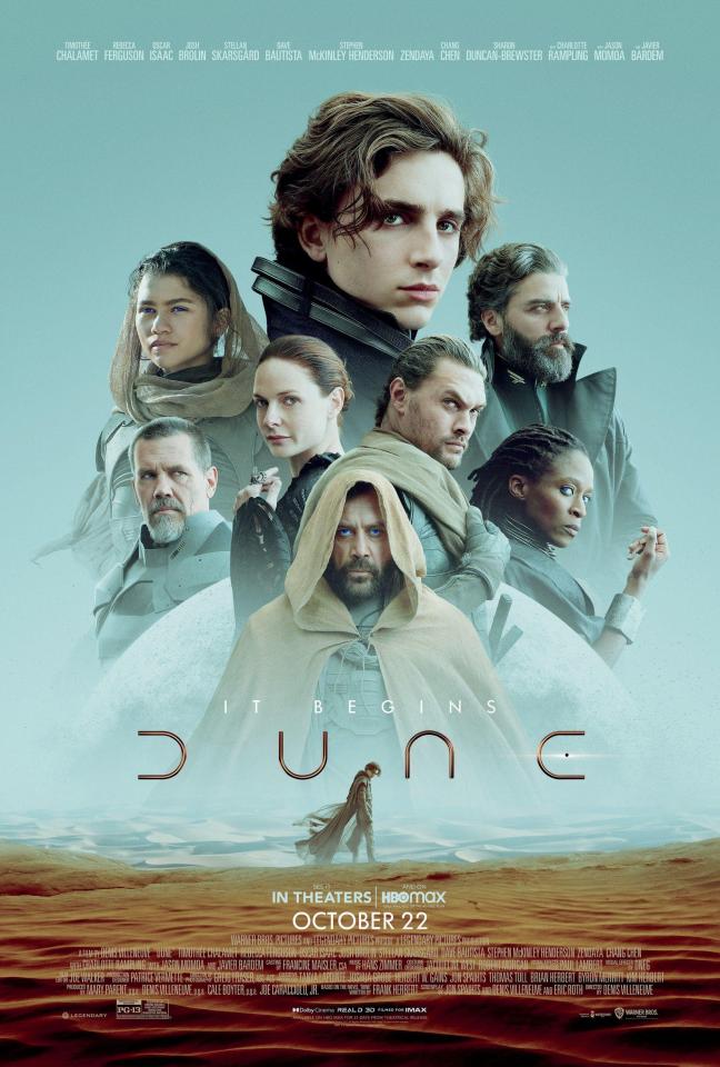 Dune movie poster featuring Timothée Chalamet, Zendaya, Oscar Isaac, and others.