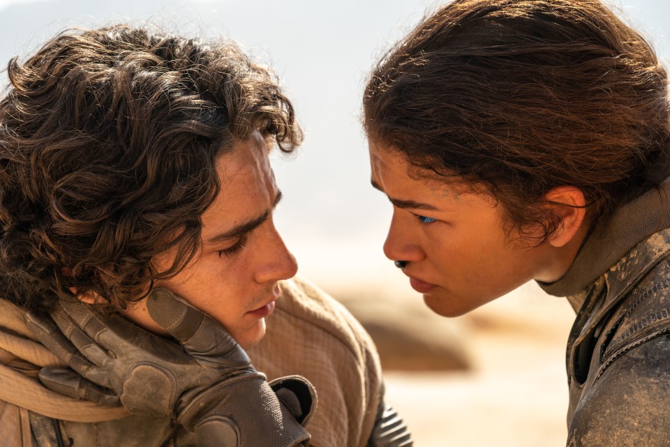 Still from Dune Part Two showing Timothée Chalamet as Paul Atreides and Zendaya as Chani.