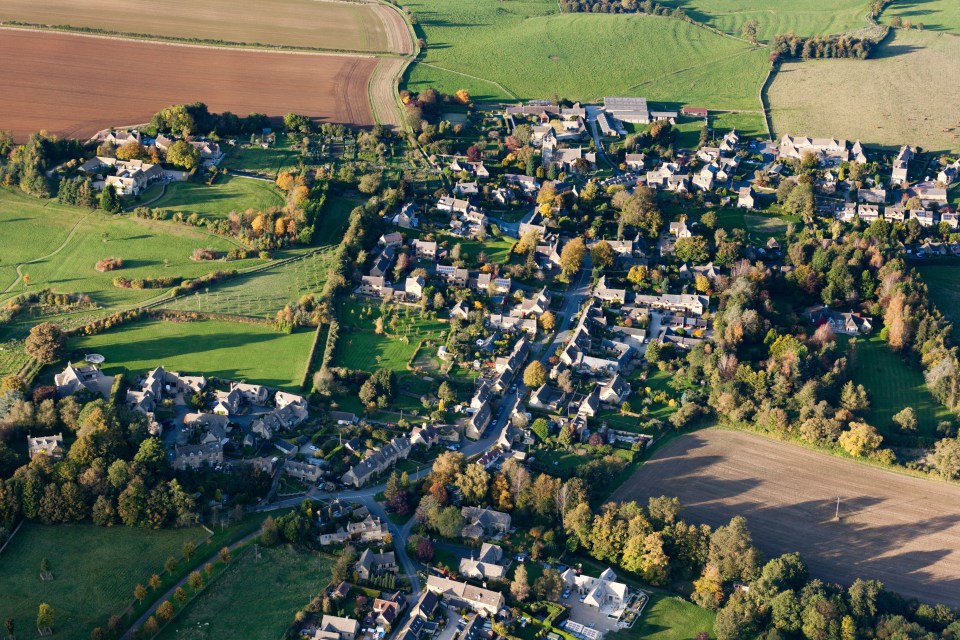 Aerial view of Longborough, Gloucestershire, UK.